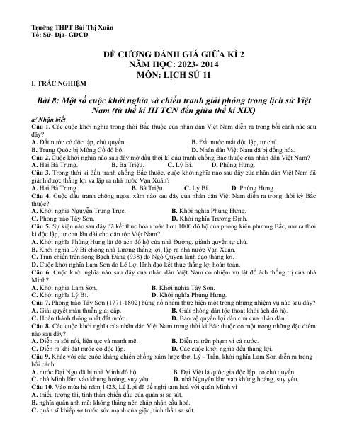 Đề cương ôn tập Giữa kì 2 Lịch sử 11 năm 2023–2024 trường THPT Bùi Thị Xuân (Lâm Đồng)